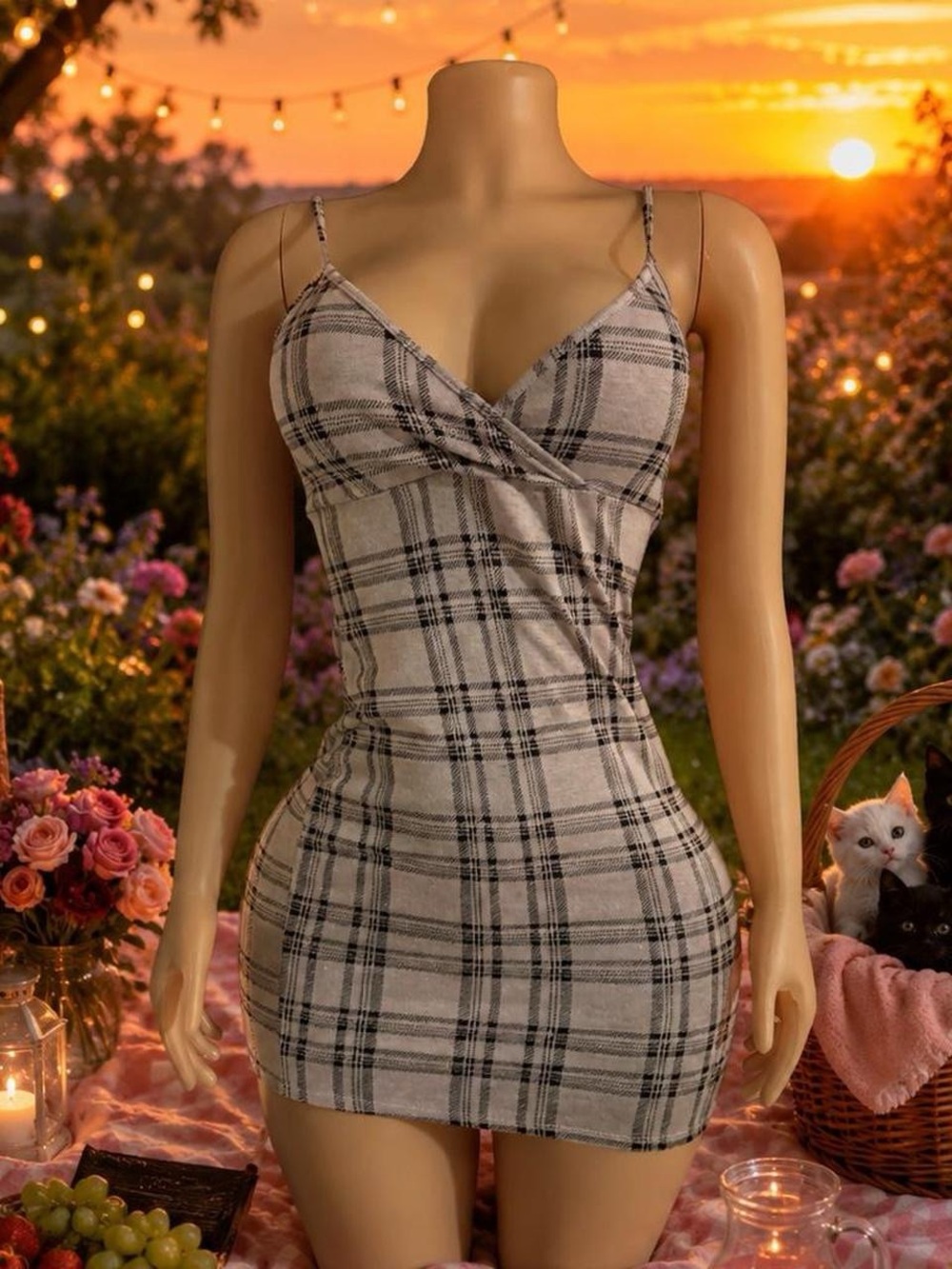 Beige and Black Plaid Mini Dress with Spaghetti Straps